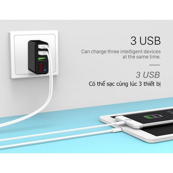 Củ sạc nhanh 3 cổng USB Hoco C15 có màn LED hiển thị đo dòng - Hàng Chính Hãng