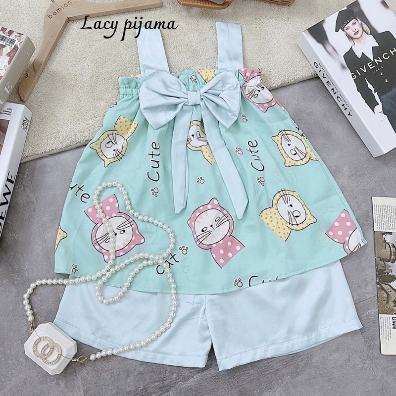 Bộ bé gái từ 16-32kg chất lụa Mago cao cấp❤️Bộ quần áo mặc nhà thiết kế 2 dây bản to phối nơ cho bé gái siêu xinh-M0054