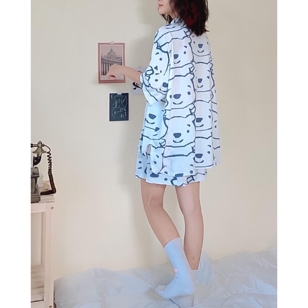Sét Bộ Pyjama- Bộ Đồ Ngủ Con Gấu Kèm Nơ Buộc Tóc M829-Violet