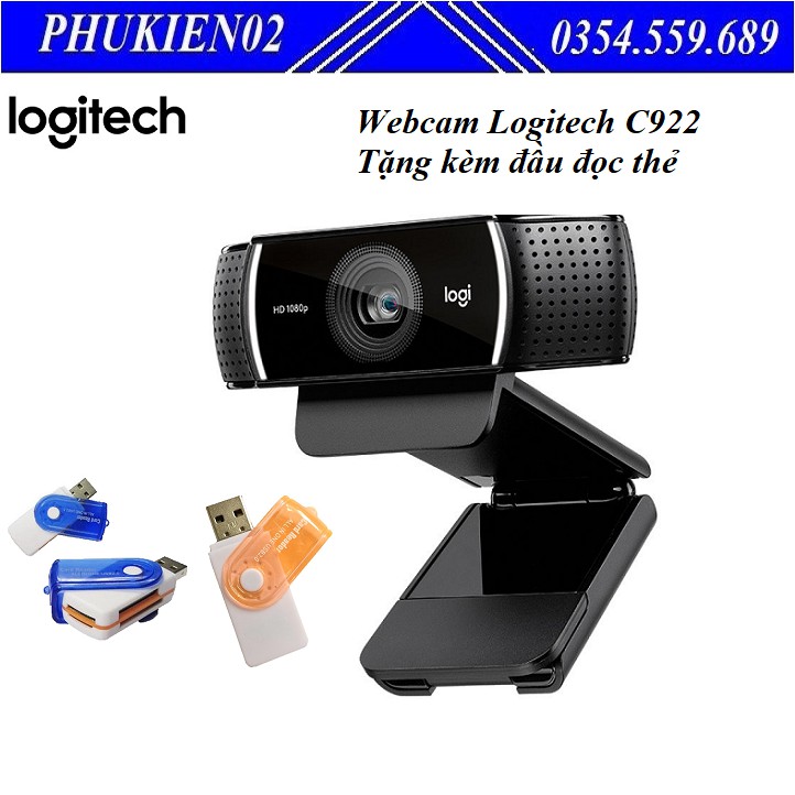 Webcam Logitech HD Webcam C922 Tặng kèm đầu đọc thẻ nhớ đa năng 4 in 1 cao cấp -  Hàng chính hãng