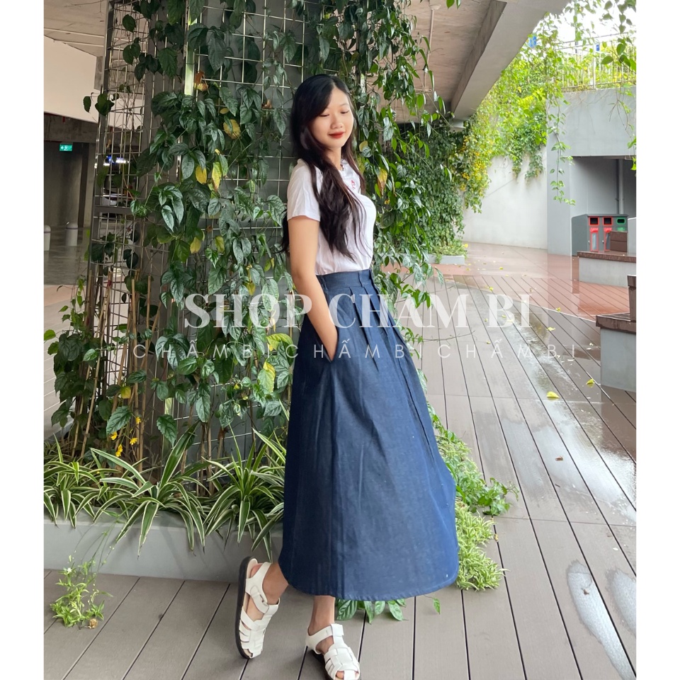 Chân váy jean dáng dài CV.018, Chân váy chun sau cạp khoá cài cúc xếp ly dáng xoè dài cách điệu - Thời trang nữ Chấm Bi