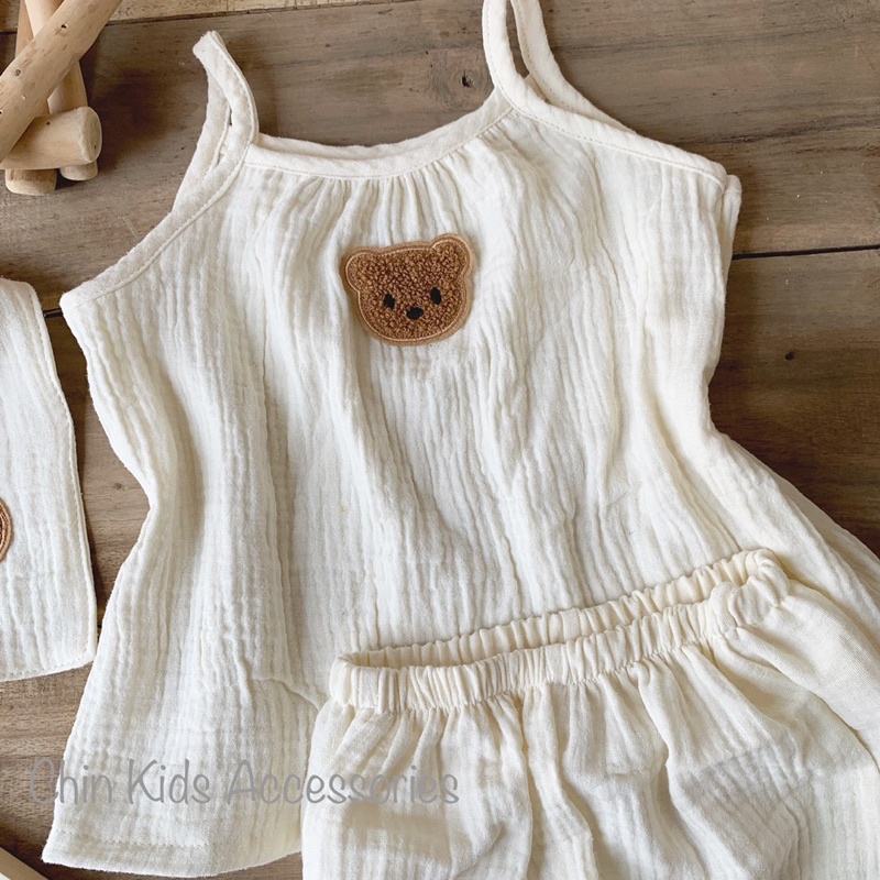 Bộ 2 dây quần bí hình gấu nâu vải xô muslin mềm mại cho bé