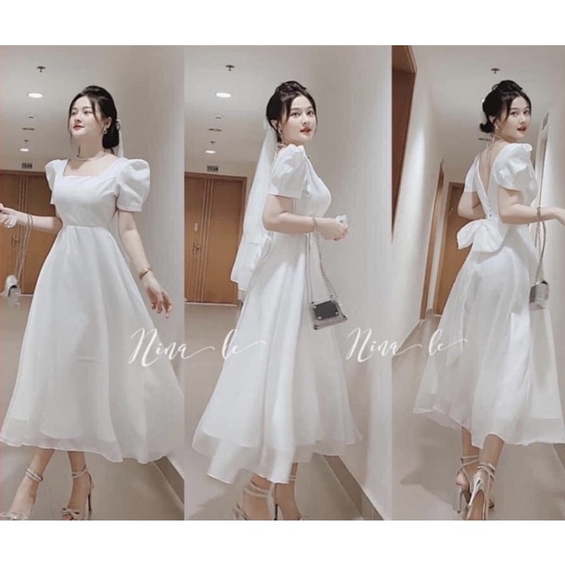 váy trắng dự tiệc size xs sang trọng nơ lưng tay bồng khoét hở lưng chất taffa xịn