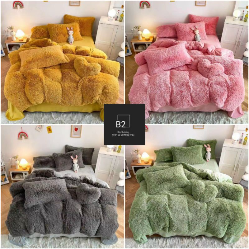Bộ chăn ga gối nỉ lông có kèm gối trái tim set 5 món nhập khẩu cao cấp