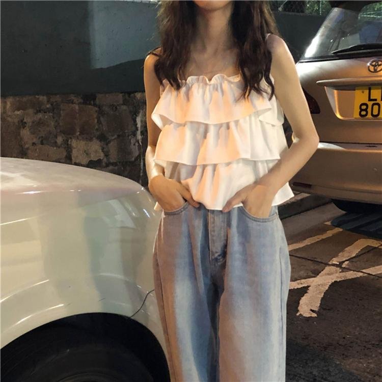 Áo 2 Dây Tầng Bồng Croptop Viền - Áo Kiểu Sakura Top Hai Dây Màu Trắng Đen Thân Xếp Bèo