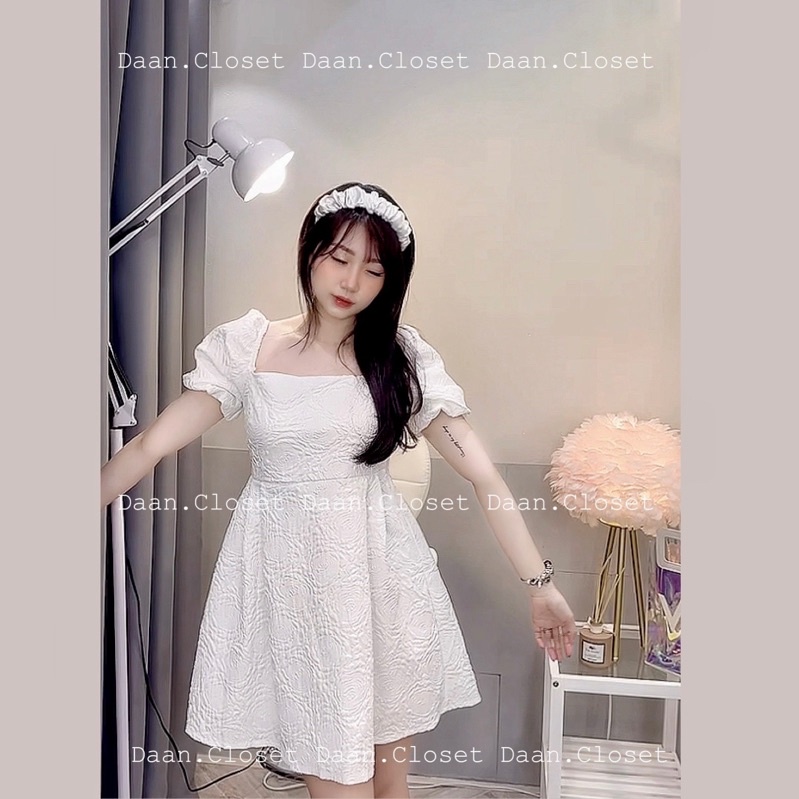 ✨ Váy gấm cổ vuông hở lưng dáng babydoll xoè - Chất liệu cao cấp - size S M