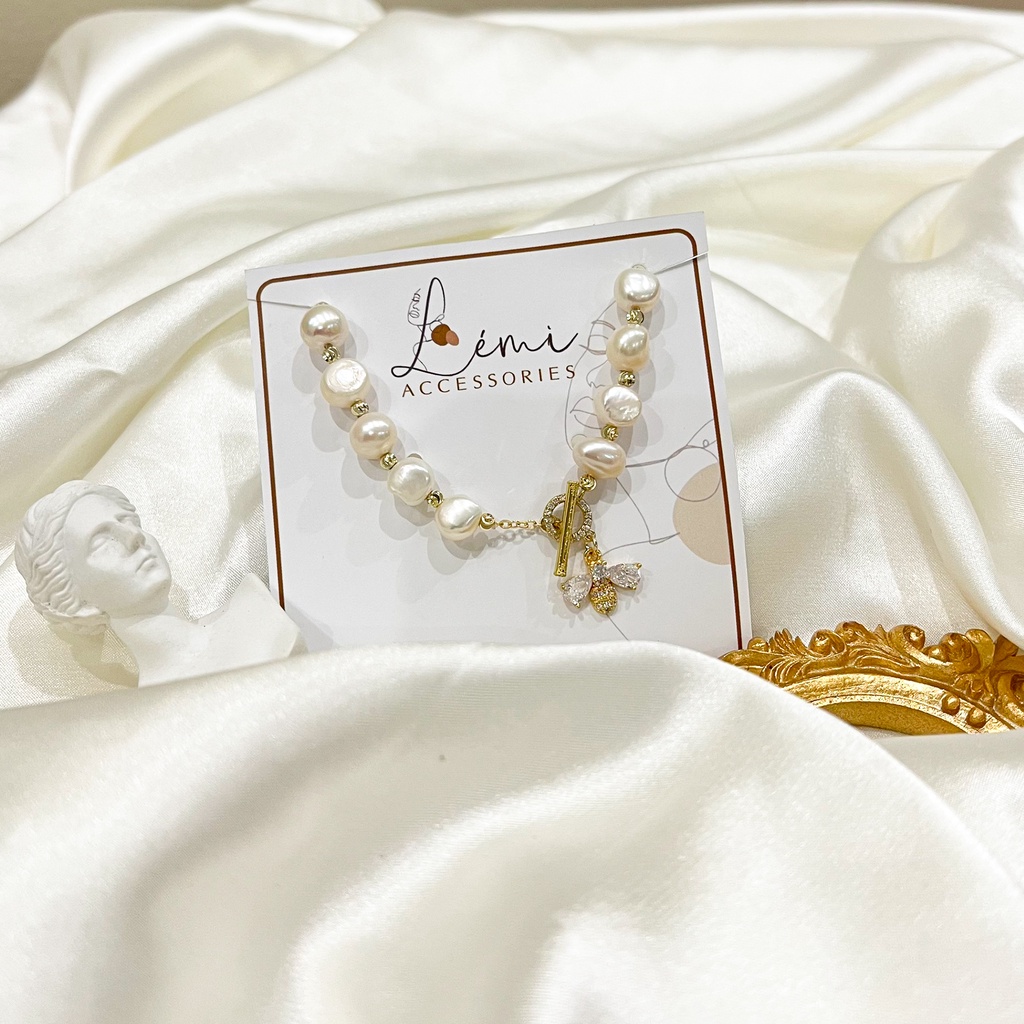 Lắc tay hạt trai nước ngọt LEMI Vòng tay con ong đính đá Zircon chốt cài ngang phong cách Vintage