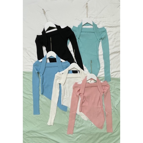 áo len dệt kim trễ vai dáng lệch vạt mix dây choàng cổ sexy