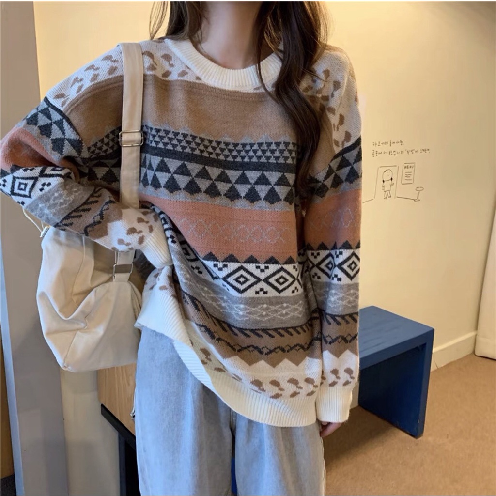 [Ảnh thật] Áo len hoạ tiết thổ cẩm dáng rộng ulzzang - Áo len thổ cẩm mùa đông