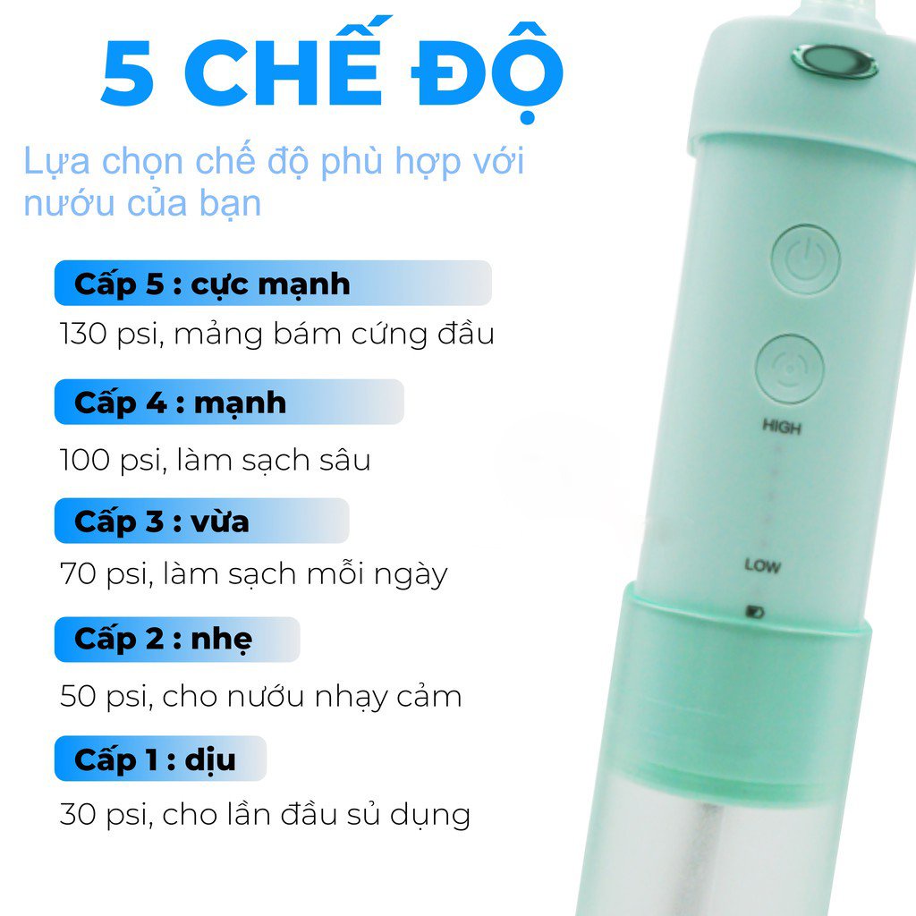 Tăm nước h2ofloss HF-10 nhỏ gọn mẫu mới năm 2022, 5 chế độ, cổng sạc type C, tặng kèm túi đựng xinh xắn