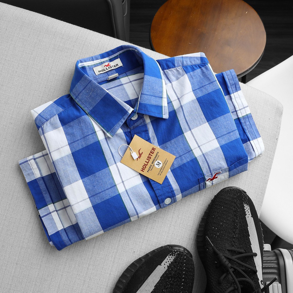 Áo sơ mi nam caro ngắn tay vạt ngang Hollister màu XANH DƯƠNG cao cấp - Bản Lĩnh Đam Mê