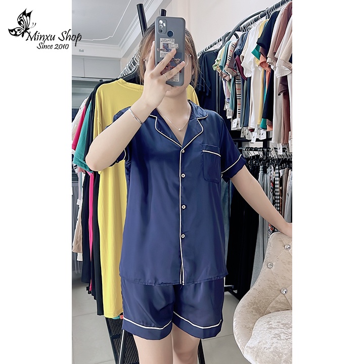 Bộ ngủ pijama trơn, bộ lụa quần đùi áo ngắn tay thiết kế viền trẻ trung lịch sự Minxu Shop PT01