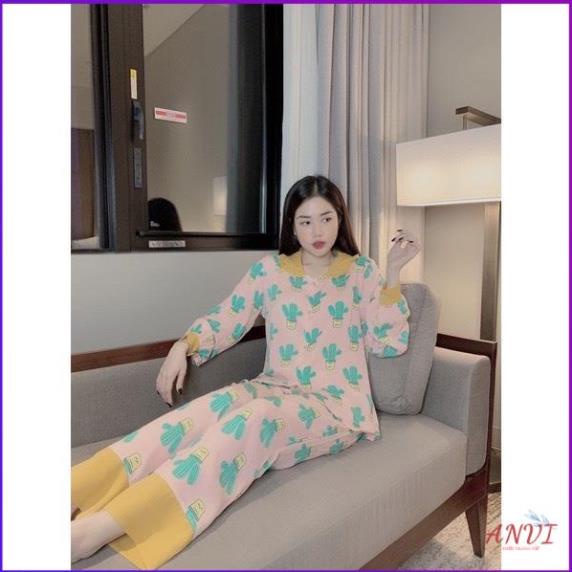 Pijama Nữ ANVI, Đồ Bộ Pijama Dài Tay Mặc Nhà Họa Tiết Cổ Sen Phối Màu Lụa Mềm Mát Dưới 60kg . | BigBuy360 - bigbuy360.vn