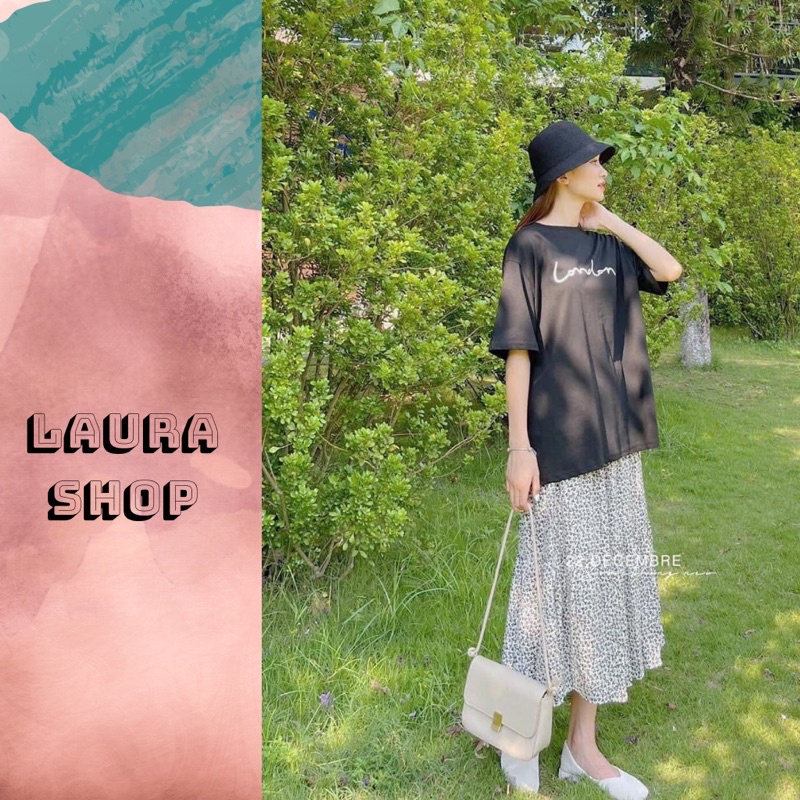 Set áo phông London kèm chân váy hoa nhí dáng dài Laura Shop