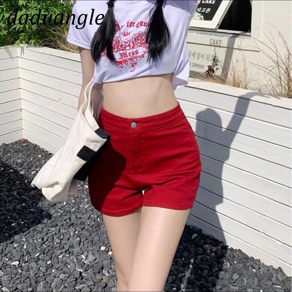 Quần ngắn daduhey denim lưng cao màu trơn có co giãn thời trang mùa hè 2022 dành cho nữ