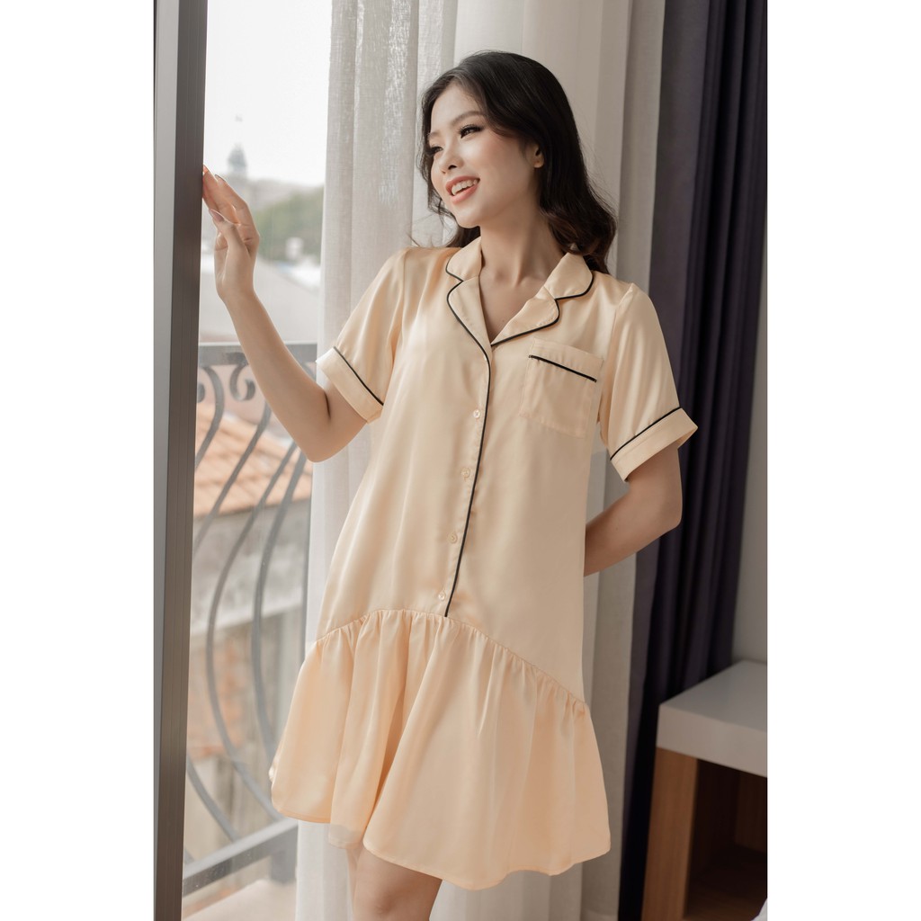 Đầm pyjamas hạ eo lụa trơn (nhiều màu) [Utan]