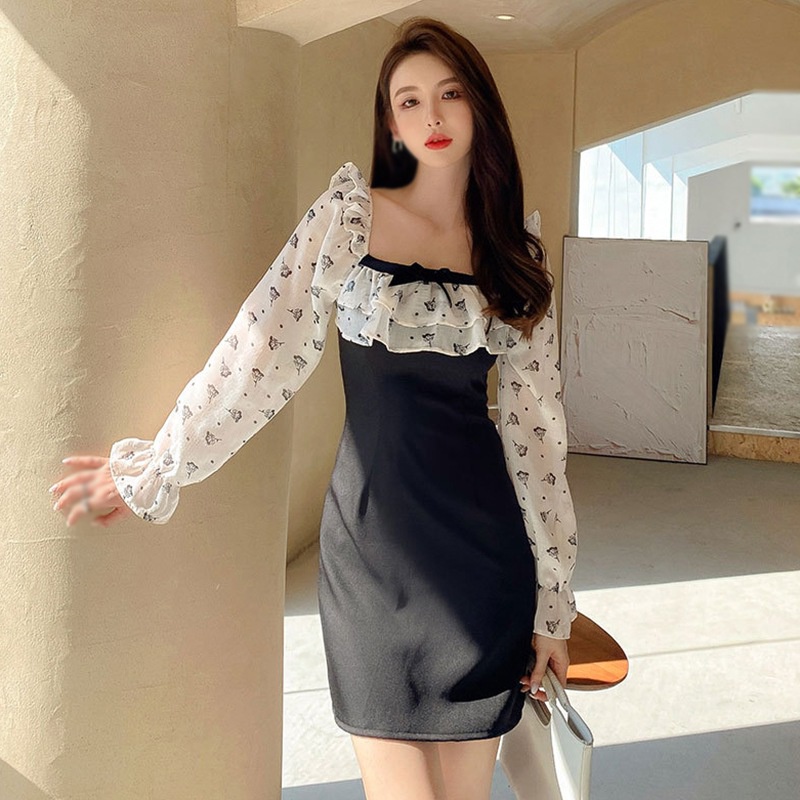 Váy body Đầm Cổ Vuông Váy Công Chúa Tay Dài Cổ Vuông Quyến Rũ