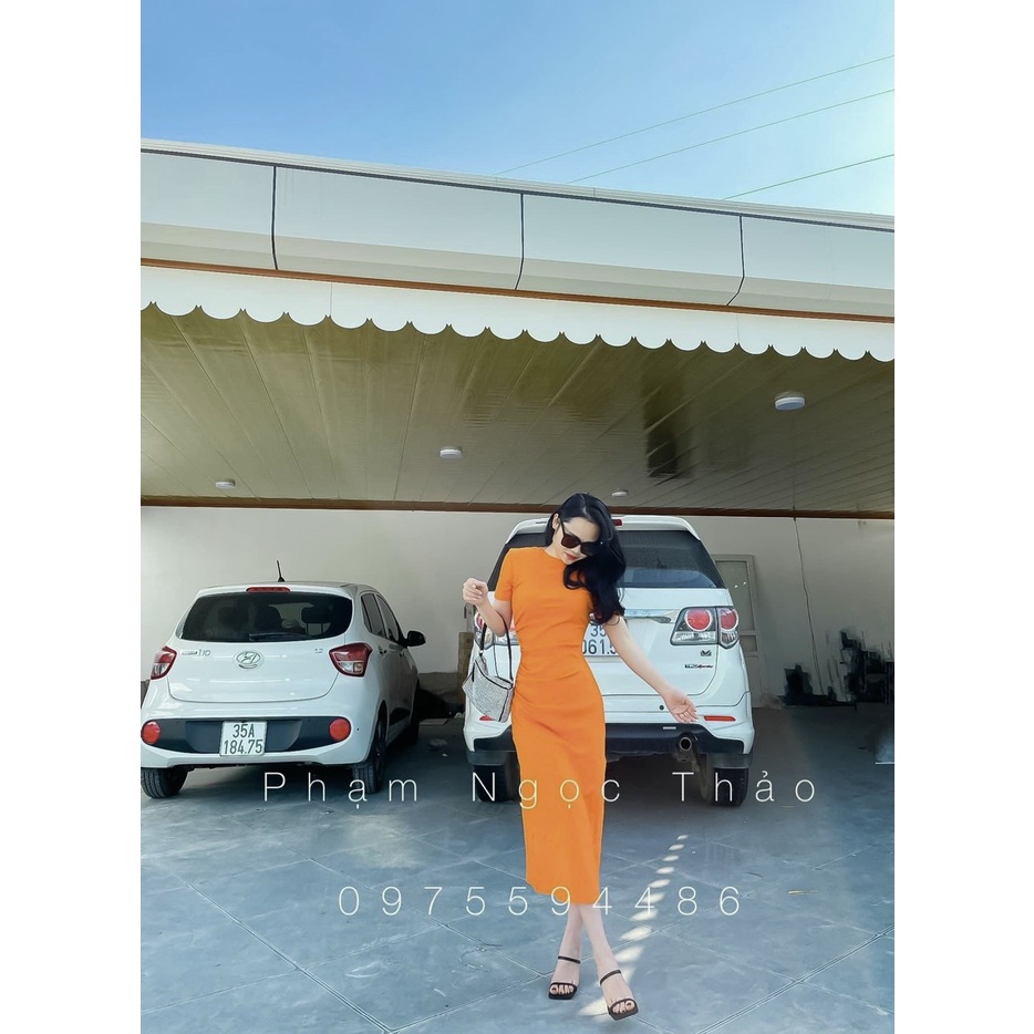 Đầm Váy body nhún eo nhún li bên xanh lá cam đen