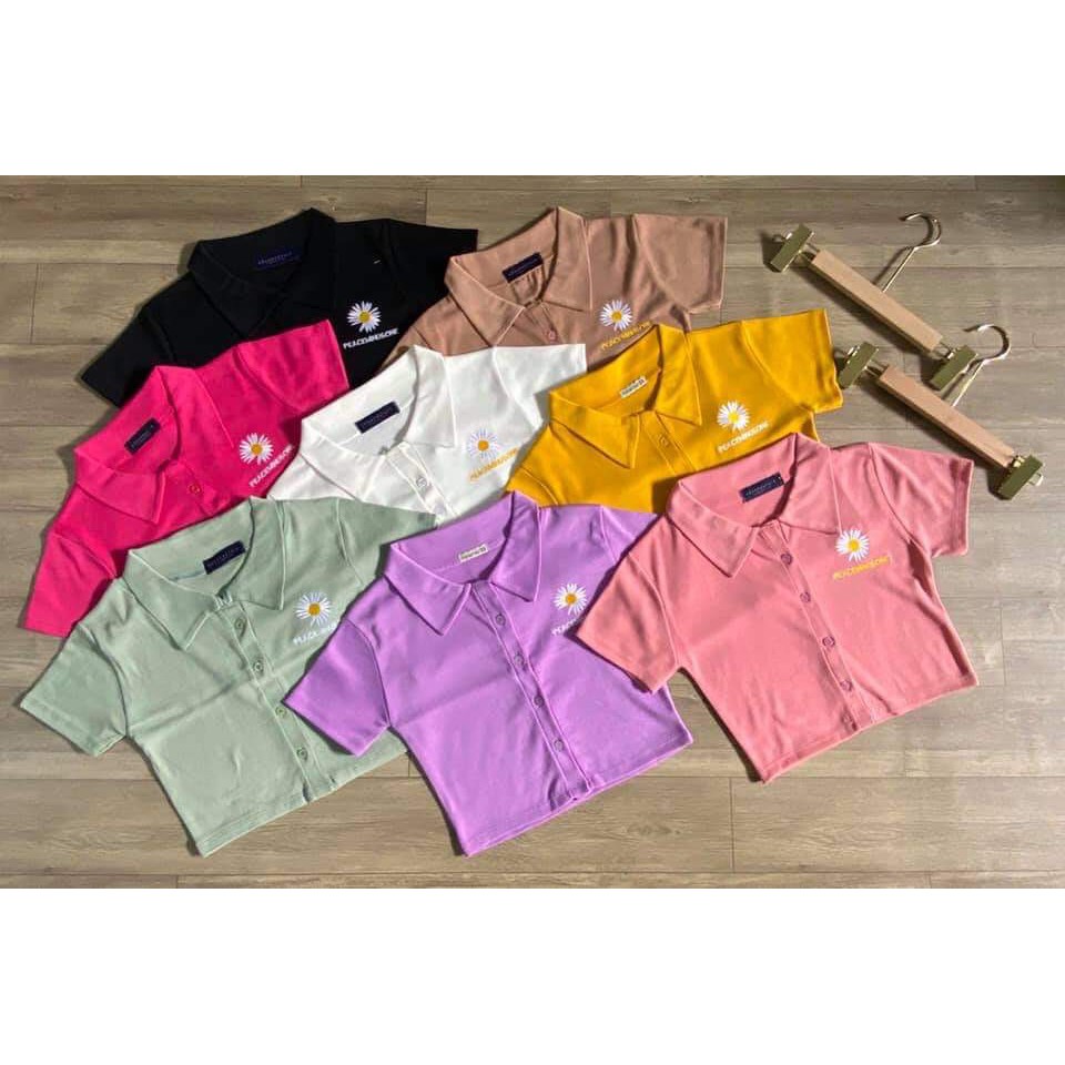 [ Mã WASTAPR giảm 10K đơn 50K] Áo croptop nữ cổ bẻ thêu hoa cúc nhiều màu | BigBuy360 - bigbuy360.vn