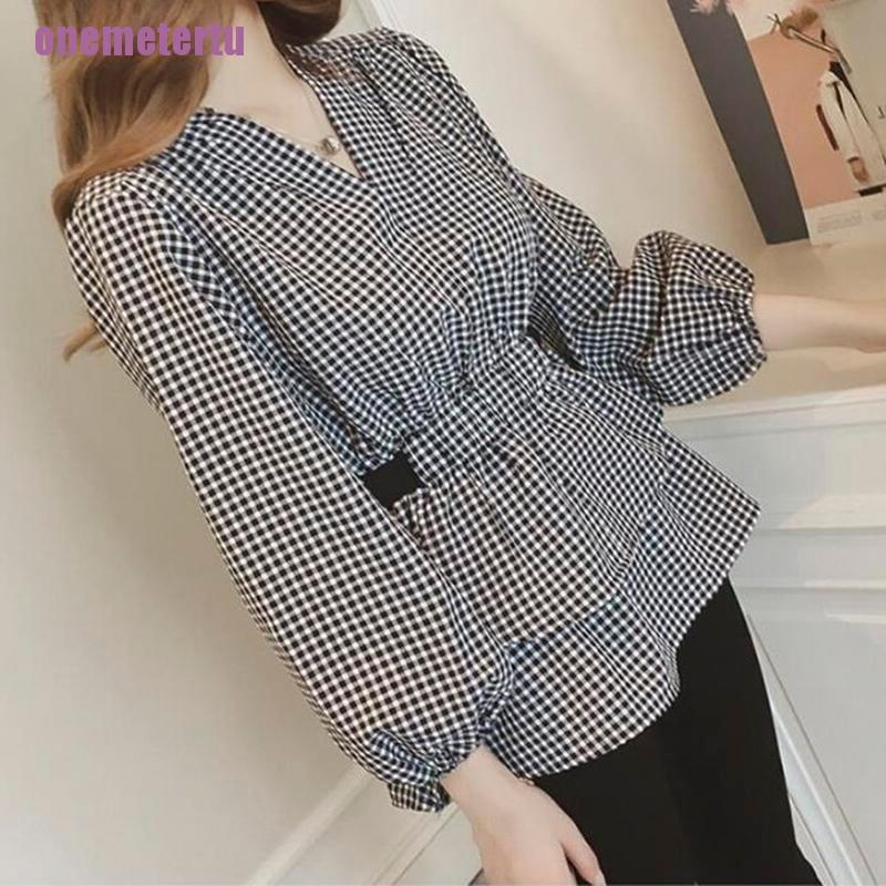 Áo Sơ Mi Nữ Tay Dài Cổ Chữ V Họa Tiết Caro Thời Trang