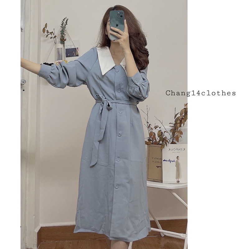 Đầm lụa xanh dài