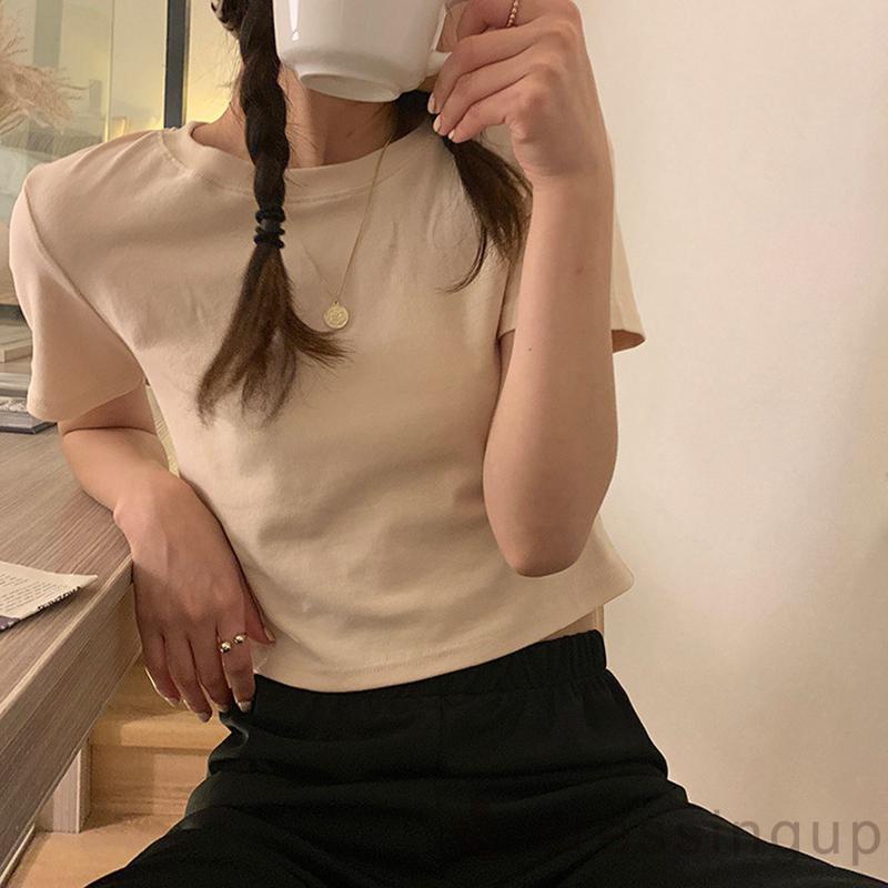 Áo Thun Tay Ngắn Cổ Tròn Màu Sắc Đơn Giản Dành Cho Nữ