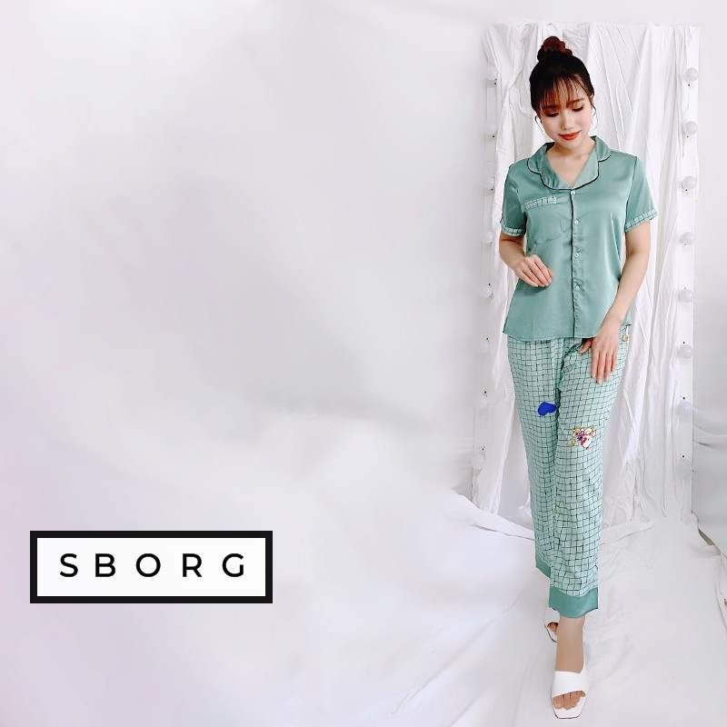 Đồ bộ mặc nhà SBORG bộ pijama lụa satin họa tiết tay ngắn quần dài dễ thương có túi 45kg - 65kg quà tặng vợ