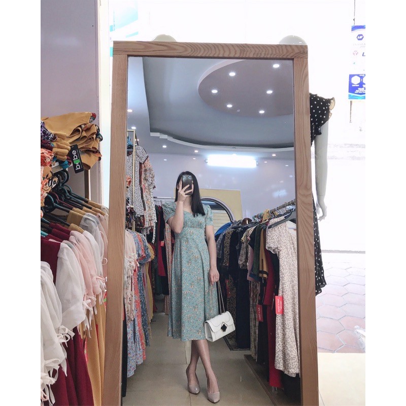 Váy hoa cổ vuông nhún eo