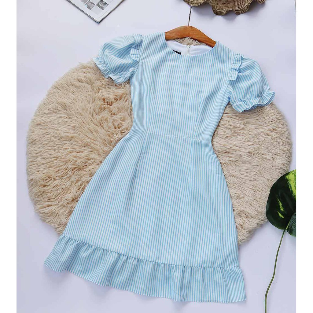 Đầm công sở nữ xanh dương dáng xòe mềm may 2 lớp thiết kế dễ thương dáng xòe tay ngắn thời trang công sở dự tiệc