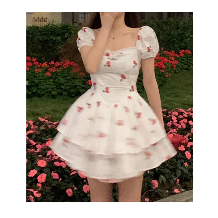 Đầm Tay Phồng Họa Tiết Quả cherry Dành Cho Nữ