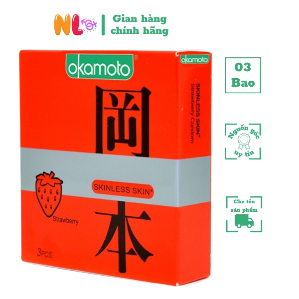 bao cao su OKAMOTO Strawberry  Skinless Skin hương dâu siêu mỏng tăng khoái cảm cực mạnh ( 3PCS)