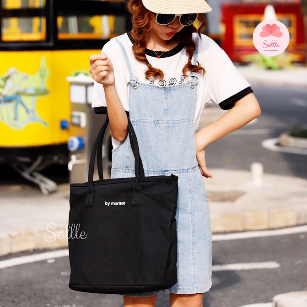 Túi tote đeo vai vải canvas ulzzang có khóa kéo, ngăn phụ in chữ BM Hàn Quốc Sollle