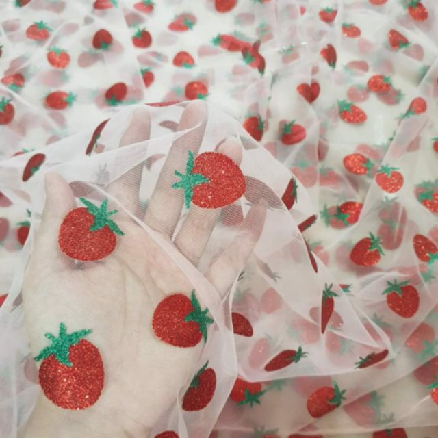 Vải lưới dâu tây làm scrunchies, may váy đầm, khổ vải 1m6