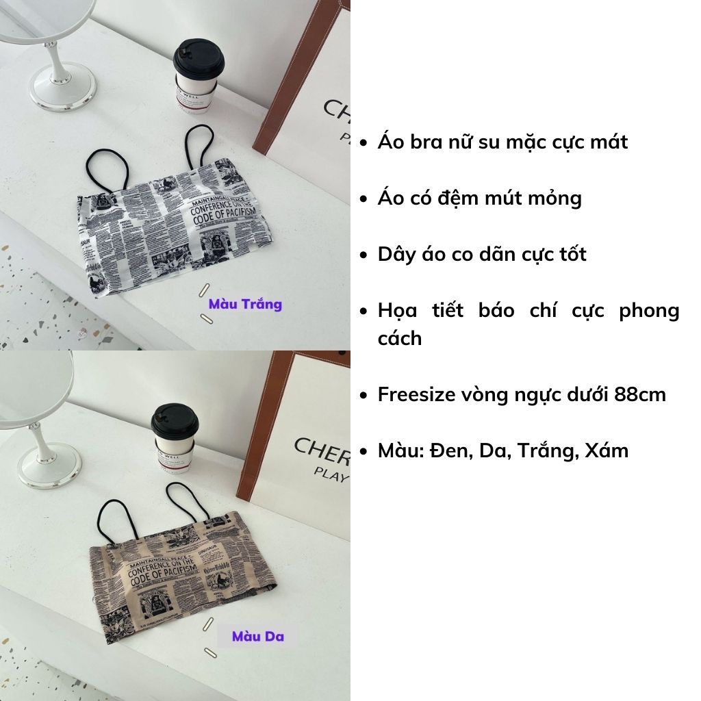 Áo bra nữ 2 dây chất su mặc cực mát và thoải mái,áo lót đệm mút mỏng họa tiết báo chí đẹp phong cách cá tính JOCOSI B835