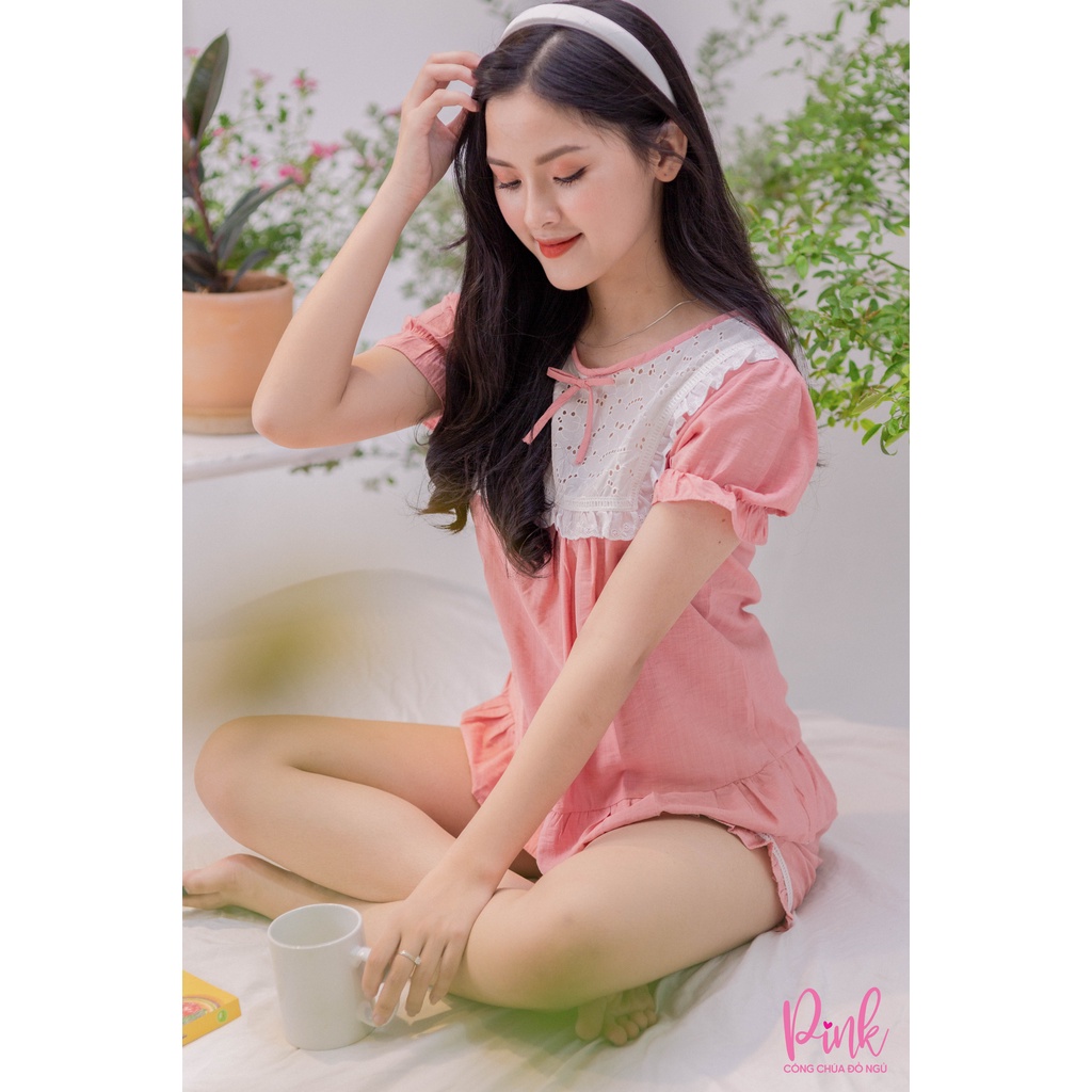 Bộ Ngủ Pijama Nữ Tay Ngắn Quần Đùi Chất Đũi Cao Cấp Màu Hồng Phong Cách Ulzzang Hàn Quốc HOT TREND