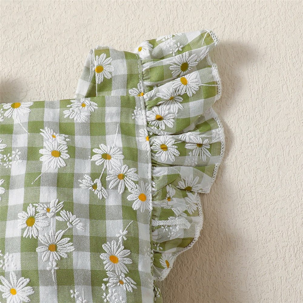 Áo liền quần MIKRDOO tay cánh tiên in họa tiết caro kèm băng đô cài tóc xinh xắn cho bé gái 0-18 tháng tuổi