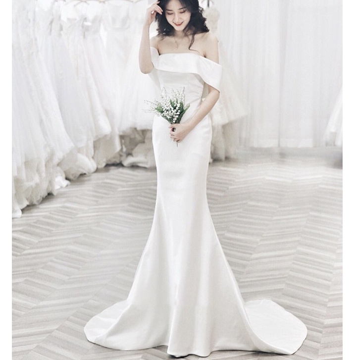 Đầm Cưới Đuôi Cá Một Dây Bằng Satin Nhẹ Đơn Giản Quyến Rũ Cho Nữ