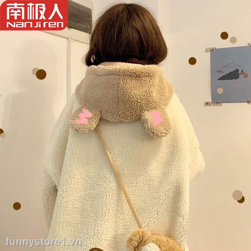 NGGGN Áo khoác lông cừu cotton dày dáng rộng có mũ trùm đầu phiên bản han mùa đông cho học sinh nữ