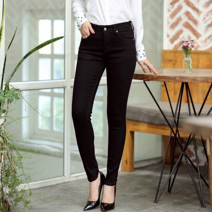 Quần Jeans Nữ Skinny Màu Đen Trơn Dáng Ôm Dài Lưng cạp cao Ống côn Chất liệu Denim bò co giãn Phong Cách Hàn Quốc | BigBuy360 - bigbuy360.vn