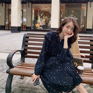 (HÀNG SẴN) Váy hoa li ti dài tay cổ phối bèo thắt eo xòe xếp ly sang trọng thanh lịch tiểu thư -(Kèm ảnh tự chụp)