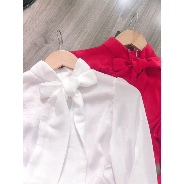 Áo sơ mi kiều nữ lụa tằm cổ nơ dài tay ba màu trắng, đỏ, ghi | BigBuy360 - bigbuy360.vn