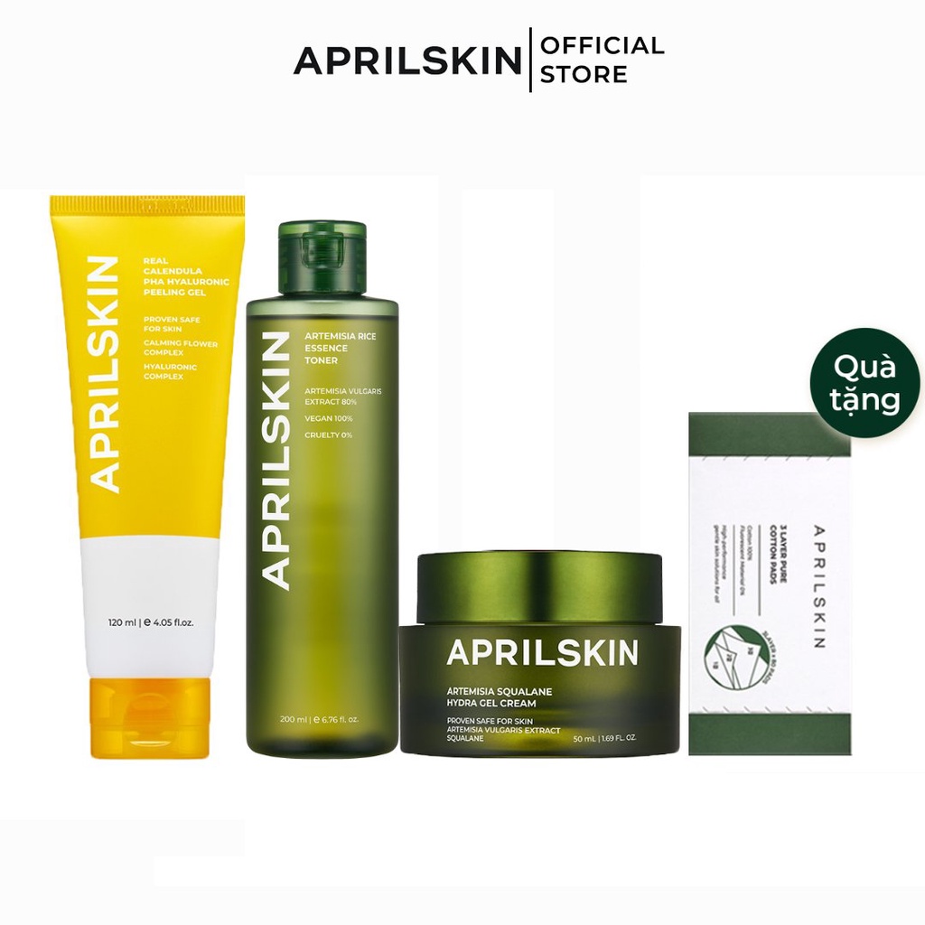 Set Dưỡng Ẩm Căng Mịn Aprilskin Peeling Gel +  Toner Ngãi cứu + kem dưỡng ngãi cứu + Gift Bông Cotton