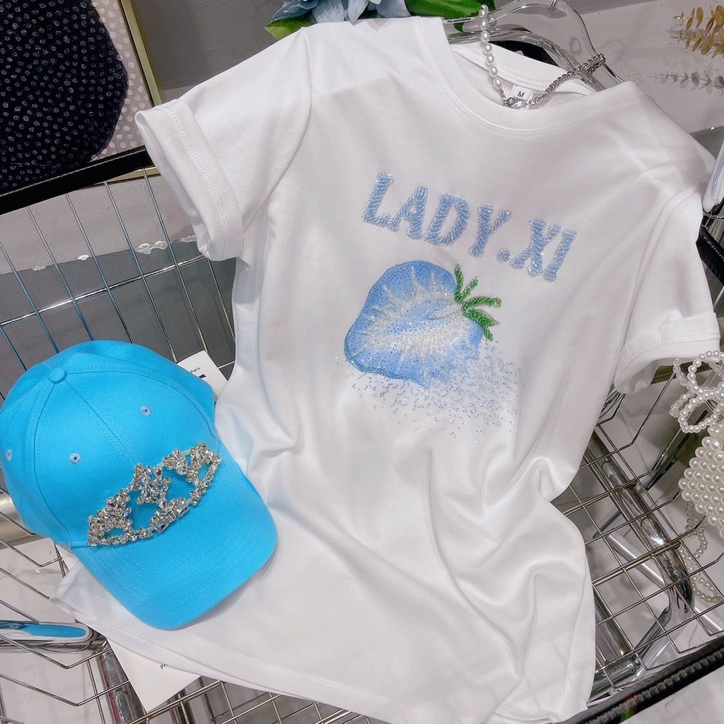 Áo Thun Cotton Nguyên Chất In Họa Tiết Dâu Tây Đính Đá