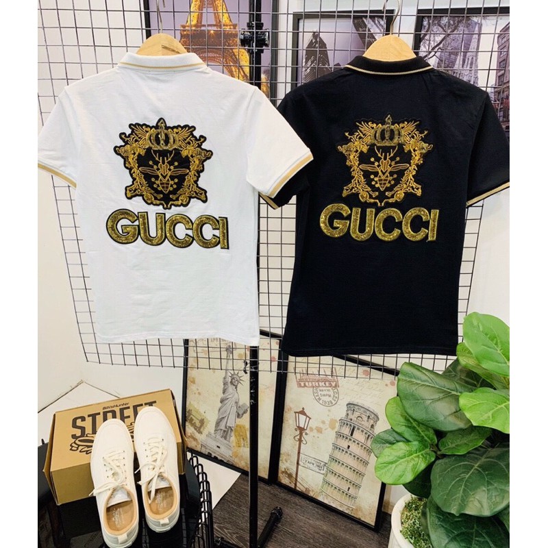 Áo thun cổ Polo đính kim sa Gucci King chất liệu cotton cao cấp