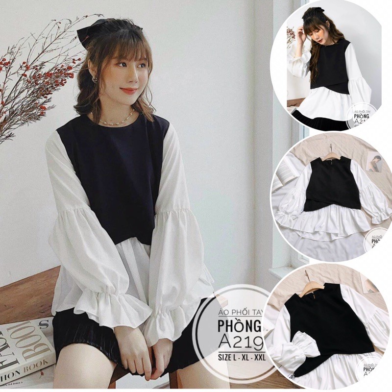 (CÓ ẢNH THẬT) BIGSIZE Áo phối tay phồng A219 Chất liệu: vải cotton lạnh phối chéo dày