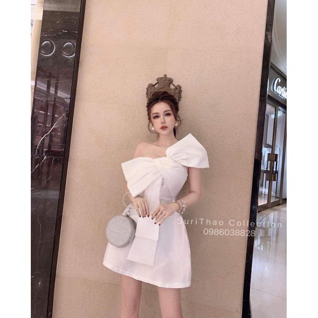 Đầm lệch vai nơ Váy dự tiệc đi chơi hàng thiết kế (Kèm ảnh Habi Shop)