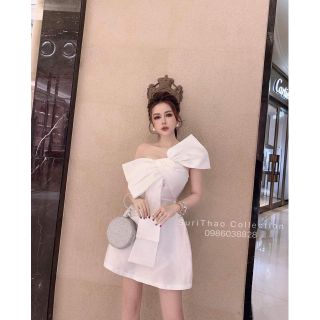 Đầm lệch vai nơ Váy dự tiệc đi chơi hàng thiết kế (Kèm ảnh Habi Shop)