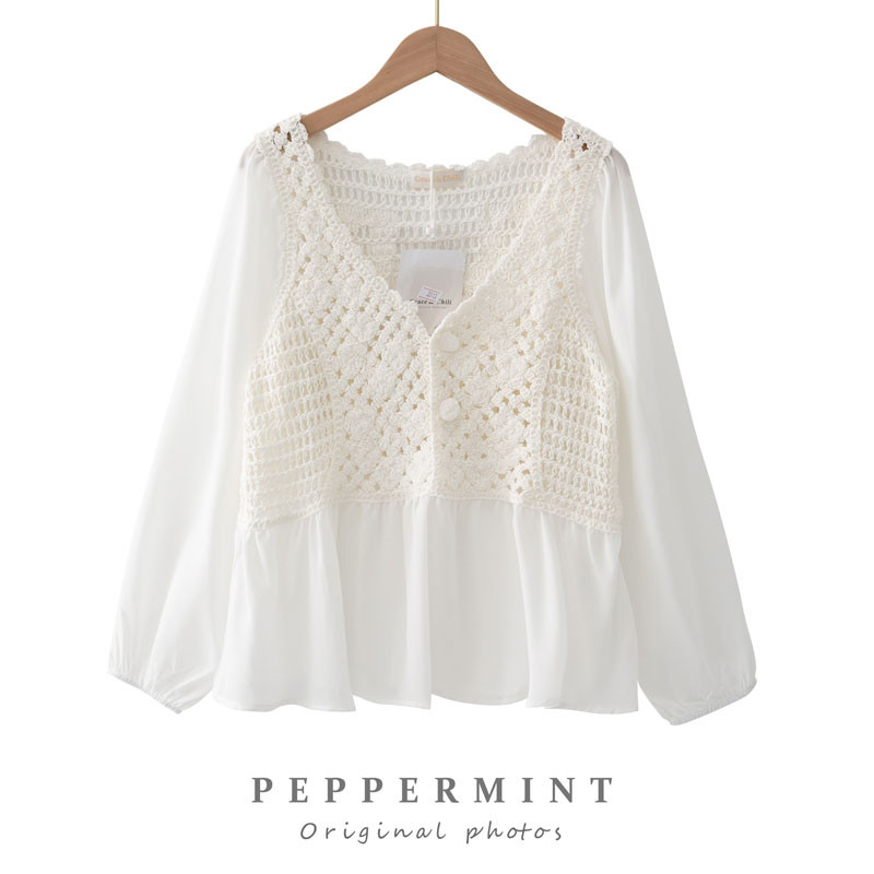 Áo sơ mi chiffon tay dài phối ren phong cách cho nữ 42253