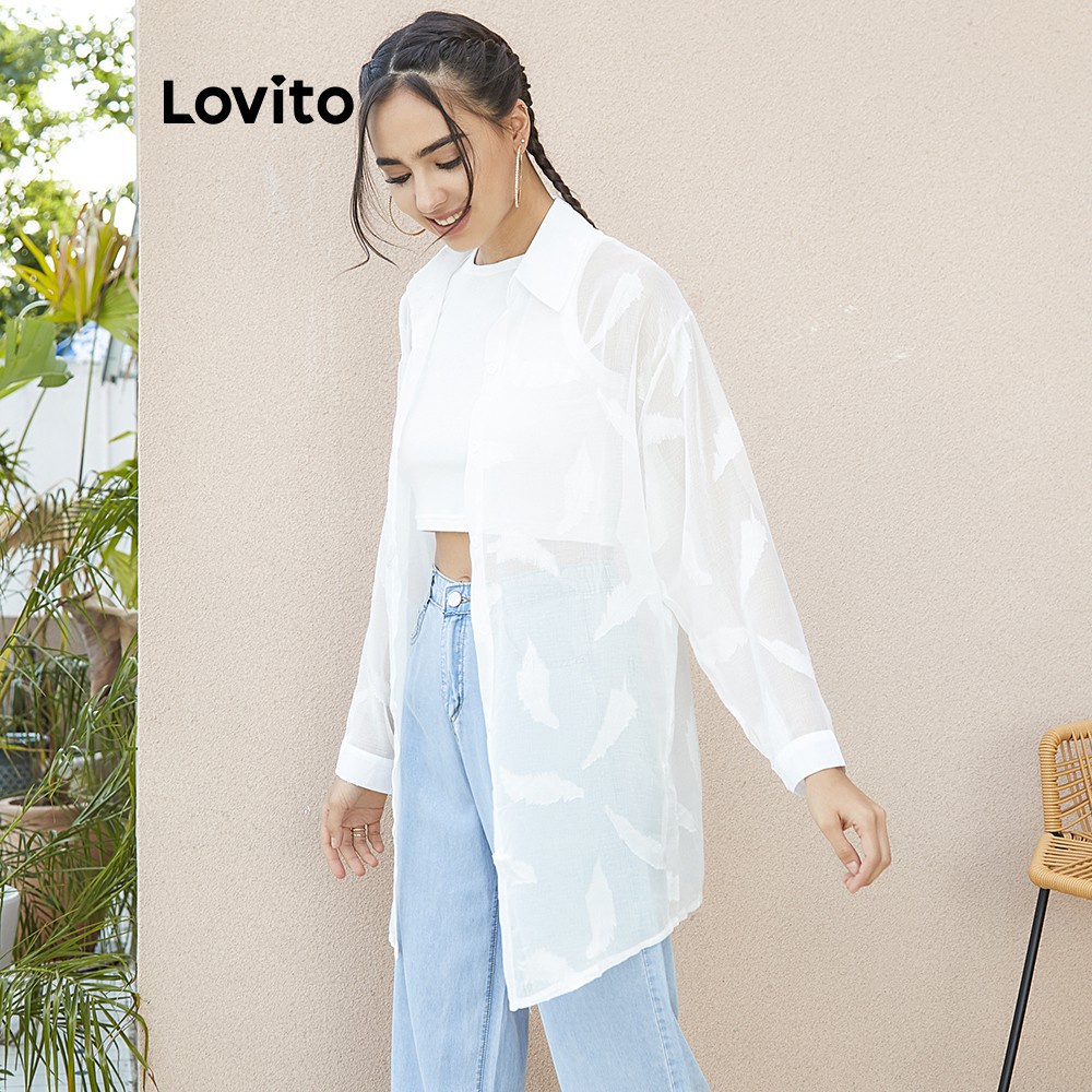 Áo sơ mi Lovito vải voan chống nắng màu trơn L02135 (Màu trắng) | BigBuy360 - bigbuy360.vn