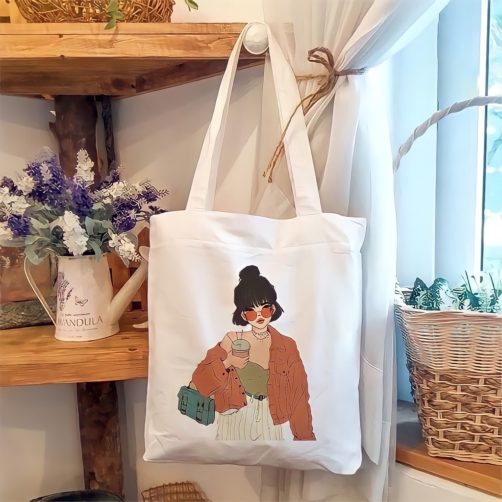 Túi tote vải đeo chéo canvas in hoạ tiết cô gái đáng yêu Bachhoaonline68 554